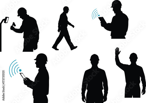 ndustrial worker silhouettes, construction safety, hard hat, digital device, wireless communication, modern technology, occupational activity, connectivity, labor force, illustration