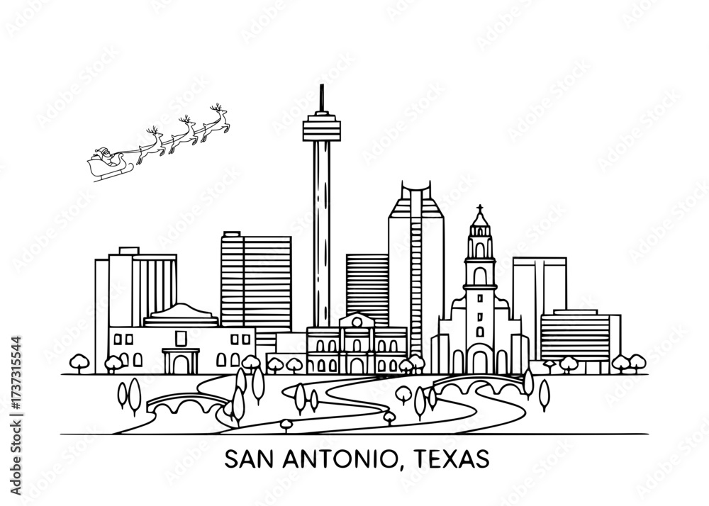 Obraz premium San Antonio Alamo Christmas with Santa Line Drawing