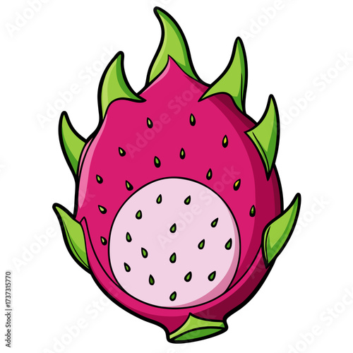 Vibrant dragon fruit illustration with striking magenta and green hues, perfect for summer promotions or healthy eating campaigns, originally a scalable graphic