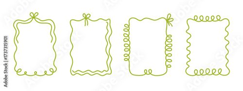 Coquette hand-drawn wavy frames set, squiggle curly swirl tied bow borders, ribbons cadre vintage modern vintage whimsical edgings elements, elegant trend stamps flirting girly style design. Isolated.