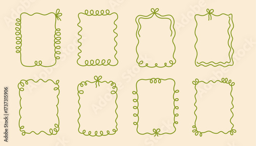 Coquette hand-drawn wavy frames set, squiggle curly swirl tied bow borders, ribbons cadre vintage modern vintage whimsical edgings elements, elegant trend stamps flirting girly style design. Isolated.