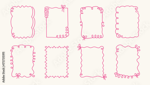 Coquette hand-drawn wavy frames set, squiggle curly swirl tied bow borders, ribbons cadre vintage modern vintage whimsical edgings elements, elegant trend stamps flirting girly style design. Isolated.