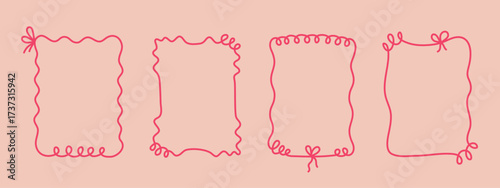 Coquette hand-drawn wavy frames set, squiggle curly swirl tied bow borders, ribbons cadre vintage modern vintage whimsical edgings elements, elegant trend stamps flirting girly style design. Isolated.