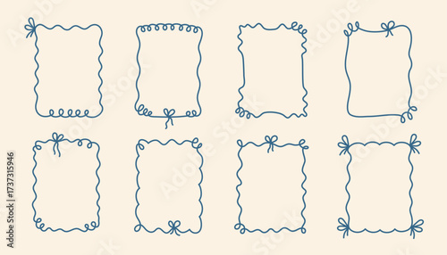 Coquette hand-drawn wavy frames set, squiggle curly swirl tied bow borders, ribbons cadre vintage modern vintage whimsical edgings elements, elegant trend stamps flirting girly style design. Isolated.