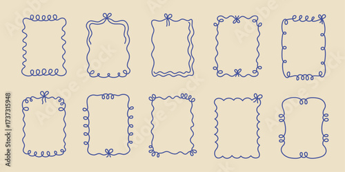 Coquette hand-drawn wavy frames set, squiggle curly swirl tied bow borders, ribbons cadre vintage modern vintage whimsical edgings elements, elegant trend stamps flirting girly style design. Isolated.
