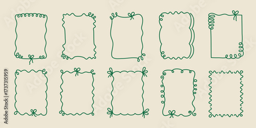 Coquette hand-drawn wavy frames set, squiggle curly swirl tied bow borders, ribbons cadre vintage modern vintage whimsical edgings elements, elegant trend stamps flirting girly style design. Isolated.