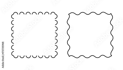 Square doodle stamp frames, hand-drawn wavy curly monograms. Edgings and cadres with simple sketchy scribble swirl design elements. Isolated. Vector illustration.