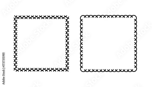 Square doodle stamp frames, hand-drawn wavy curly monograms. Edgings and cadres with simple sketchy scribble swirl design elements. Isolated. Vector illustration.