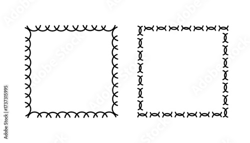 Square doodle stamp frames, hand-drawn wavy curly monograms. Edgings and cadres with simple sketchy scribble swirl design elements. Isolated. Vector illustration.