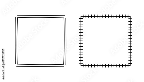 Square doodle stamp frames, hand-drawn wavy curly monograms. Edgings and cadres with simple sketchy scribble swirl design elements. Isolated. Vector illustration.