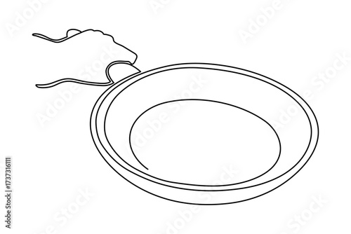 Hand holds frying pan one line art, hand-drawn kitchenware continuous drawing contour. Teflon non-stick cookware, chef's palm cooking utensils food preparation home-cooked cuisine. Editable stroke. 
