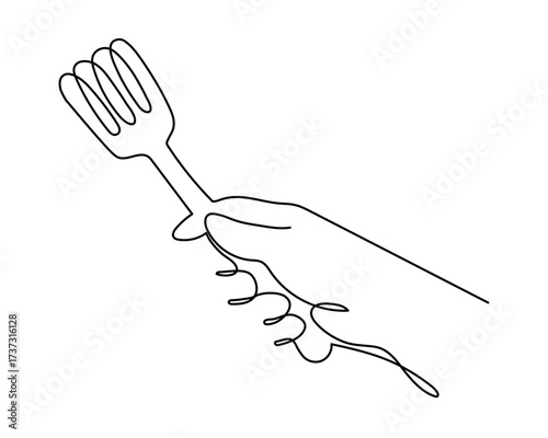 Hand holds kitchen spatula one line art, hand-drawn slotted turner kitchenware continuous drawing contour. Non-stick cookware, chef cooking utensil food preparation home-cooked cuisine. Editable