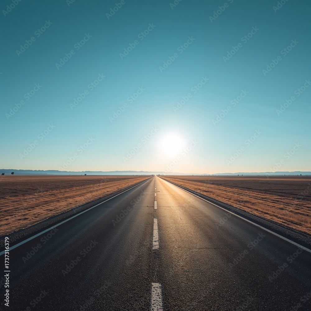 Naklejka premium Road to Horizon: An endless road stretches towards the horizon, framed by fields under a vast blue sky, inviting exploration and adventure.