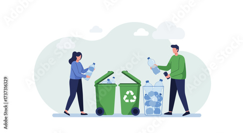 People Recycling Plastic Bottles into Bins A Sustainable Waste Management Concept