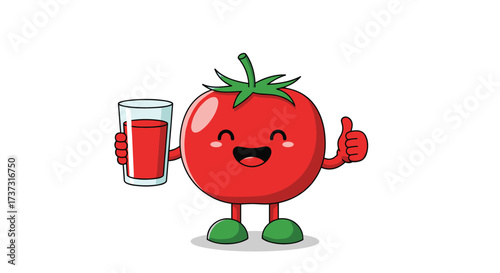 A happy cartoon tomato character holding a glass of tomato juice and giving a thumbs up