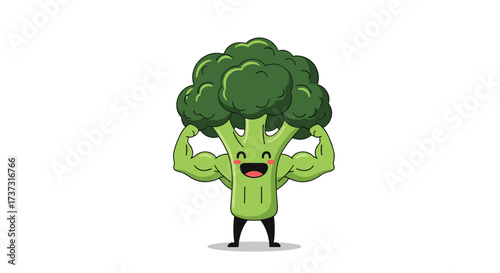A strong cartoon broccoli character flexing its muscles triumphantly on a white background.