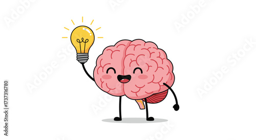 A cute cartoon brain character holding a glowing light bulb representing a great idea.