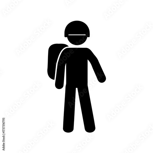 Stick figure illustration of a person with backpack and protective headgear