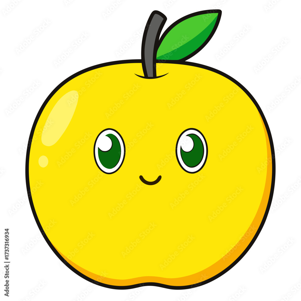 Obraz premium Cheerful yellow apple character with a sweet smile, perfect for kids' designs and healthy food promotions, originally created as a scalable vector graphic