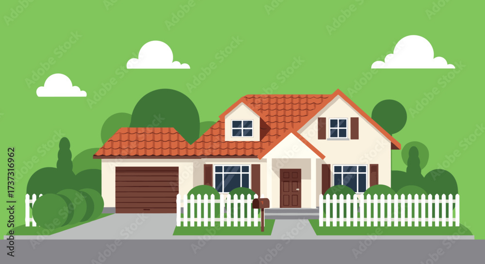 Fototapeta premium A cozy family house with a white picket fence and a green lawn.