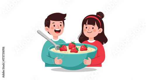 Children happily sharing a healthy breakfast bowl of oatmeal with strawberries.
