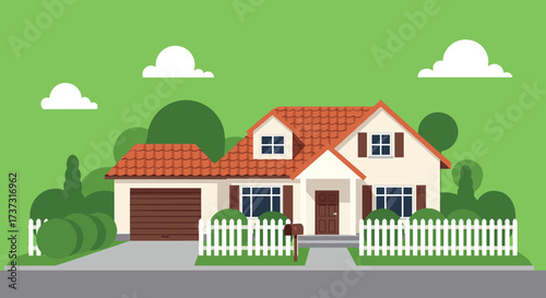 A cozy family house with a white picket fence and a green lawn.