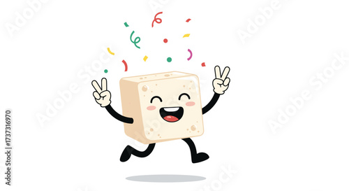 A happy block of tofu is celebrating with confetti and peace signs.