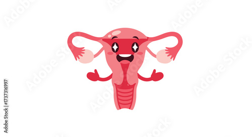 A cute and happy cartoon uterus with fallopian tubes ovaries and cervix.