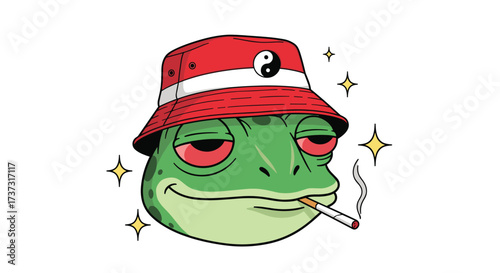 A chill frog wearing a red bucket hat smoking a cigarette surrounded by sparkles.