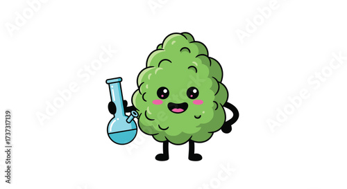Cute cartoon cannabis bud holding a glass water pipe.