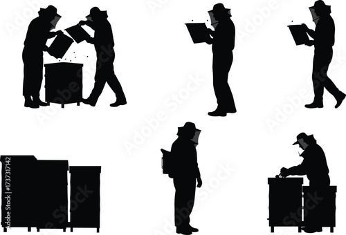 eekeeping silhouettes, beekeeper gear, hive inspection, honey production, apiculture activity, smoker tool, sustainable farming, pollination process, agriculture, illustration