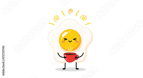 A happy fried egg character holds a steaming cup of coffee in its hands.