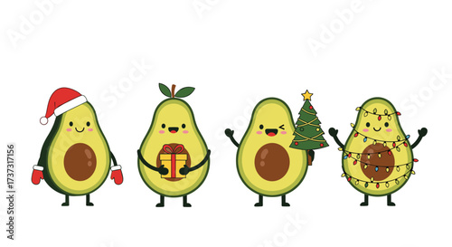 Cute cartoon avocados dressed up for the holiday season.
