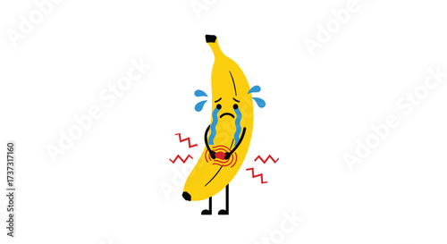 Sad banana character with stomach ache holding its belly and crying tears of pain.