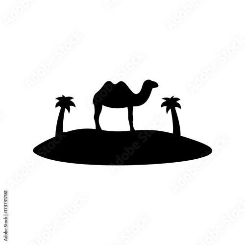 Monochrome Silhouette Illustration of a Camel on an Island with Palm Trees
