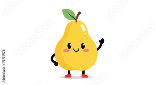 A cute and happy yellow pear character waving hello with a friendly smile. This joyful fruit has rosy cheeks and is wearing red shoes, standing on its own two feet with a green leaf on its stem.