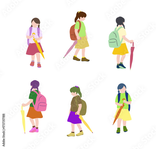 フラットイラスト　いろいろな角度からの傘を持った女の子
