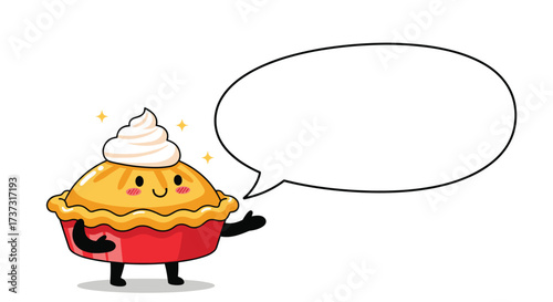 A cute cartoon pie with whipped cream topping and a speech bubble.
