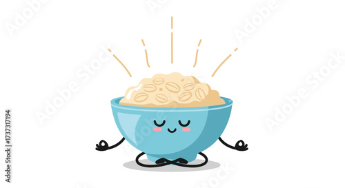 A happy bowl of oatmeal meditating with peaceful energy radiating outwards.