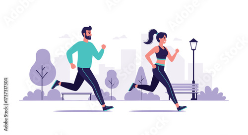 A man and a woman jogging together in a park with city buildings in the background.