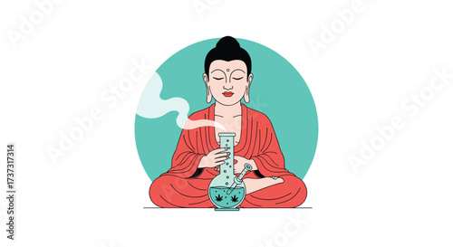 Buddha meditating with a bong emitting smoke creating a serene atmosphere.