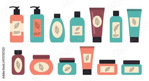 Collection of skincare product bottles and jars with botanical illustrations.