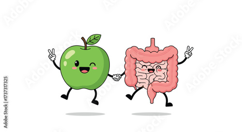 Happy apple and human intestines dancing together to promote gut health.