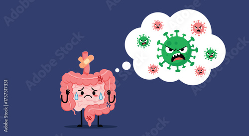 A cartoon image of sad intestines thinking about harmful viruses in a thought bubble.
