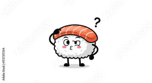 Cute sushi character scratching its head with a question mark floating above its head.