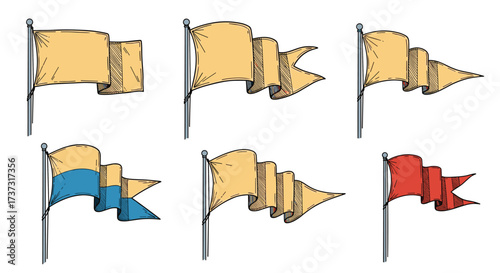 A collection of six vintage pennants and banners flying on poles.