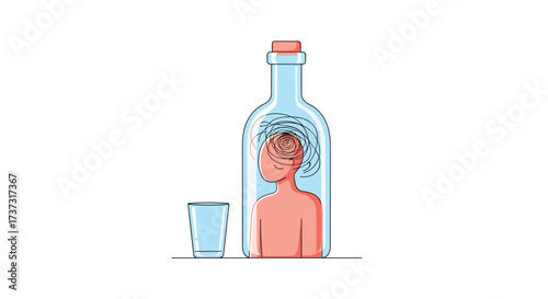 A person trapped inside a bottle symbolizes the destructive impact of alcohol on an individual's life and mental state.