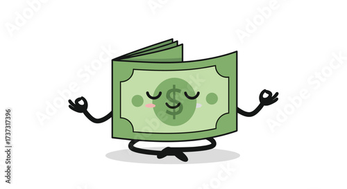 A happy cartoon dollar bill meditating peacefully with closed eyes and a serene smile.