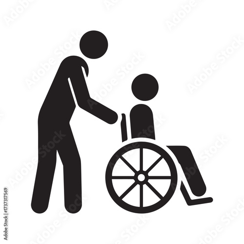“Caregiver helping a person in a wheelchair icon. Nurse or volunteer providing assistance and support to a disabled patient. Disability and healthcare symbol.”

