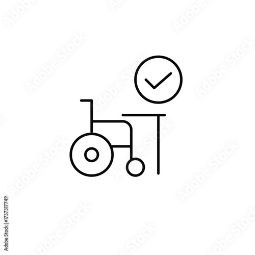 Wheelchair, work table and checkmark. Certified accessibility, inclusive workplace. Pixel perfect, editable stroke vector icon
